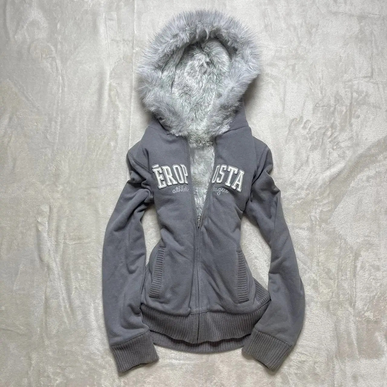 Y2K American original gray velvet thick hooded womens sweater jacket retro slim spicy girl warm zipper jacket 241209