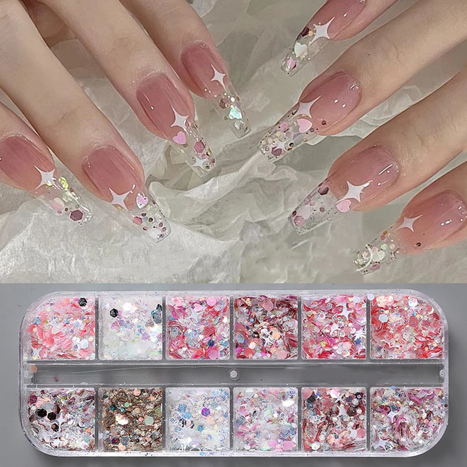 Heart shaped Nail Art Sparkling Glitter Holographic Pink Star Round Hexagonal Oil Painting Ergonomic Decoration LEXMSH 241213