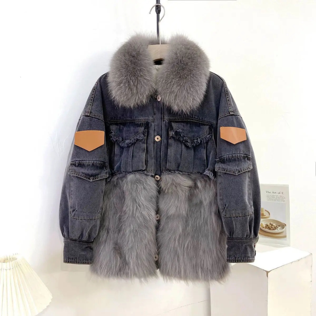 Fur patchwork denim fur coat womens clothing autumn/winter fur one-piece Korean fashion thick loose fur jacket womens top 241210