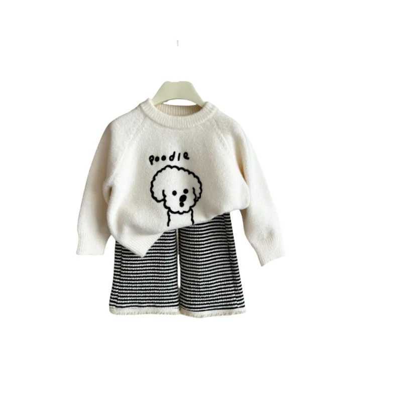 Clothing Sets Autumn Children Girl 2PCS Clothes Set Cotton Knitted Cartoon Dog Sweater Striped Raw Edge Wide Leg Pant Suit Toddler Girl Outfit H241214