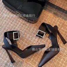 Spring Summer New Slim Toe Water Diamond Buckle Sandals For Women, With Satin Straps An Empty Square Toe, Shallow Mouth, And Elegant High Heels