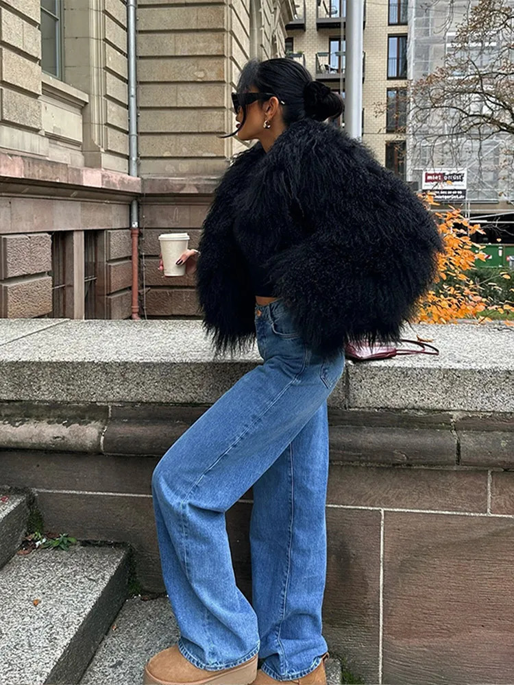 Winter Furry Faux Fur Coat Women Black y Round Neck Full Sleeves Plush Lady Thick Warm Chic High Streetwear 241211