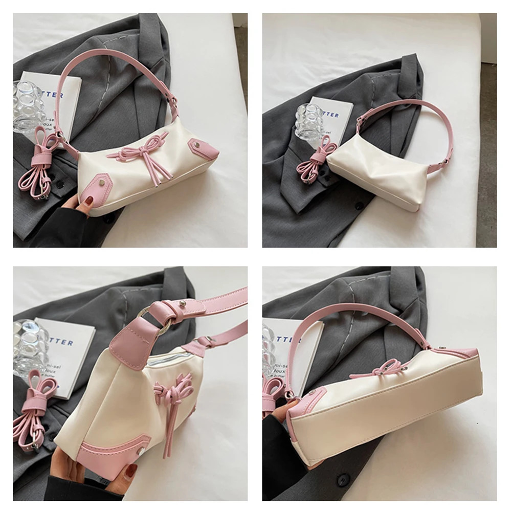 Bow Tie Chic Y2K Handbag PU Leather Trendy Shoulder Bag Contrast Color Clutch Purse Shopping Dating Bag for Women 241213