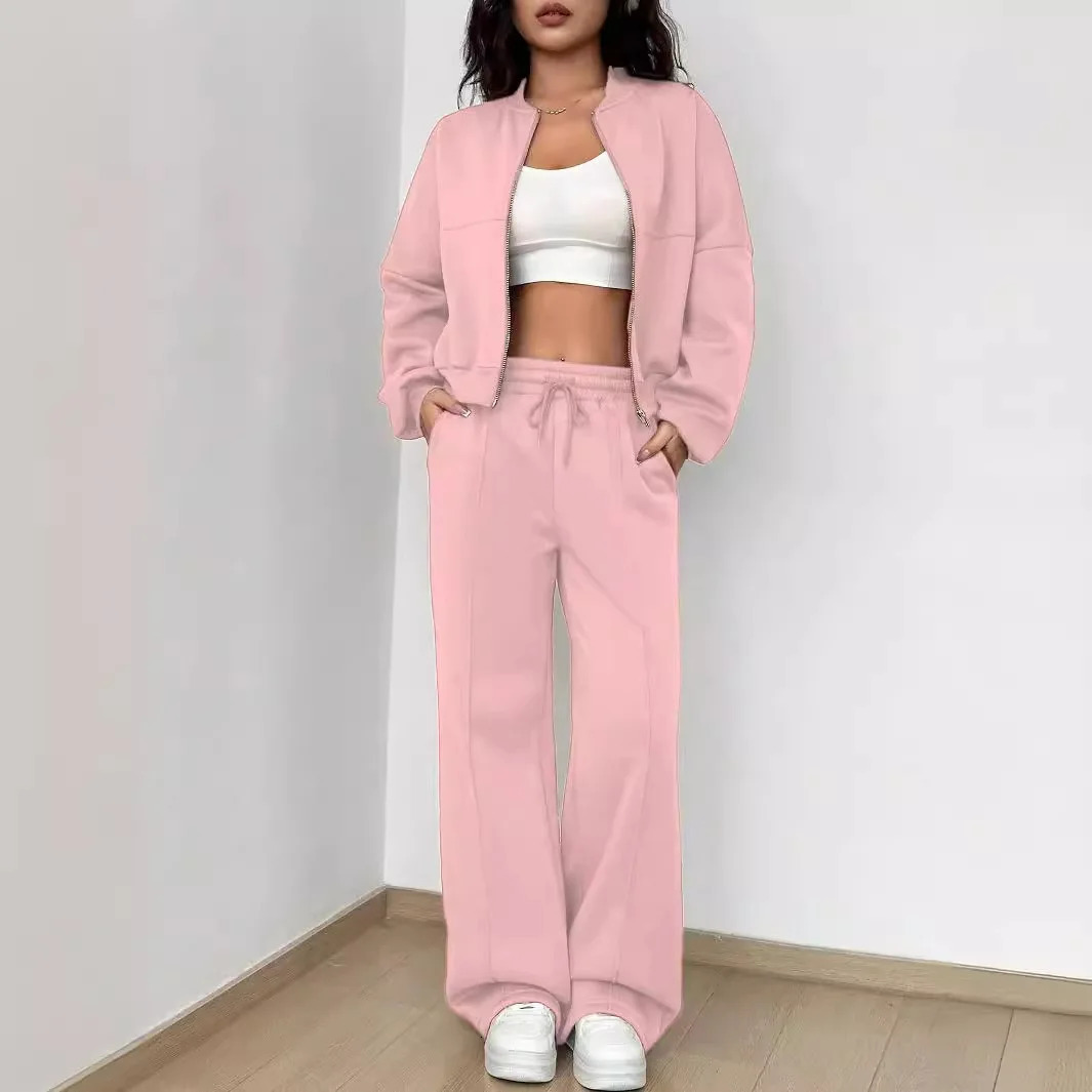Grey Bomber Jacket Pant Women 2 Pieces Set Casual Long Sleeve Zipper Coat Solid Sweatshirt Trousers Suit Fall Sportwear 241203
