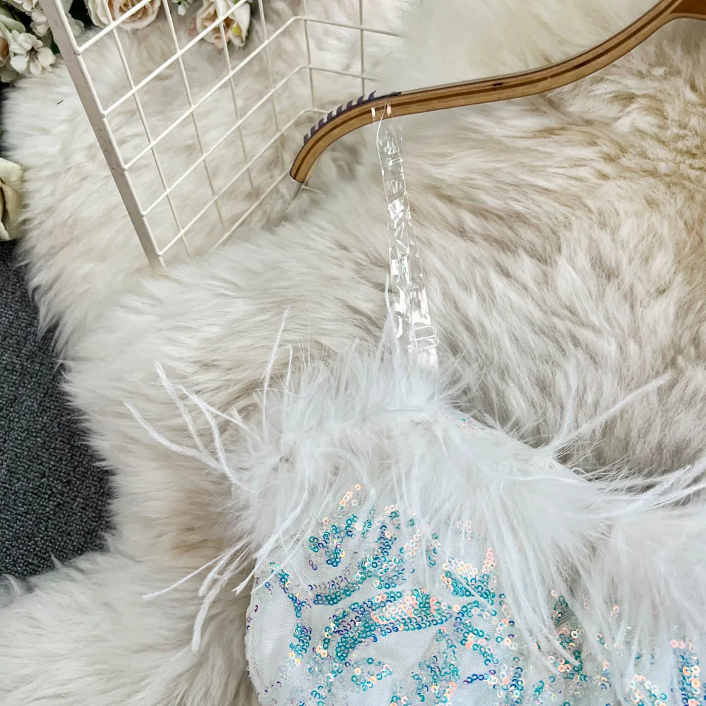 Casual Dresses Summer Dresses Christmas White Dress Women Spaghetti Strap Feathers Birthday Party Princess Vestidos De Noche Juveniles Sequins Dresses