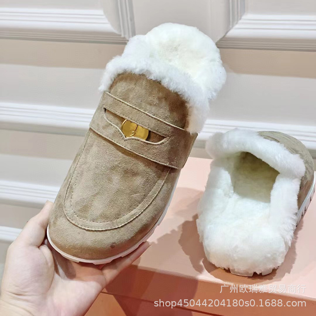 23 Winter New Hairy Baotou Half Slippers For Women, Flat Bottom, Versatile, Casual, Coin, Wool, One Step, Muller Shoes