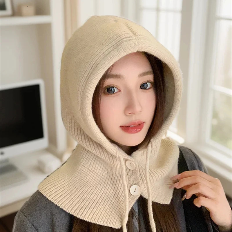Y2K Girl n Knitted Balaclava Fashion Collar Shawl Hoodie Thick Warm Bean Winter Womens Hat 241211