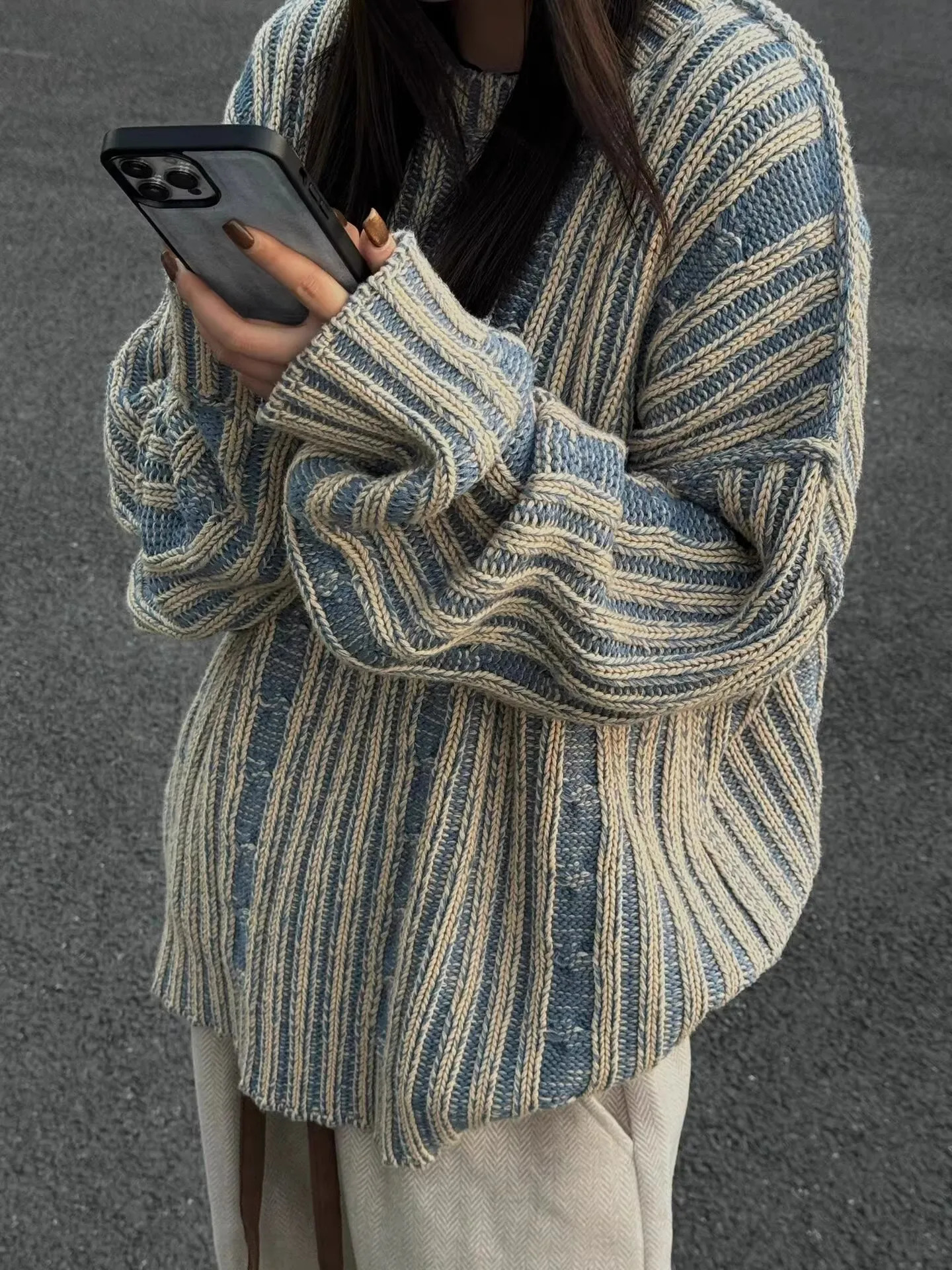 Retro striped contrasting color sweater womens spring and summer high street couple niche lazy style knitted cardigan wool 241211