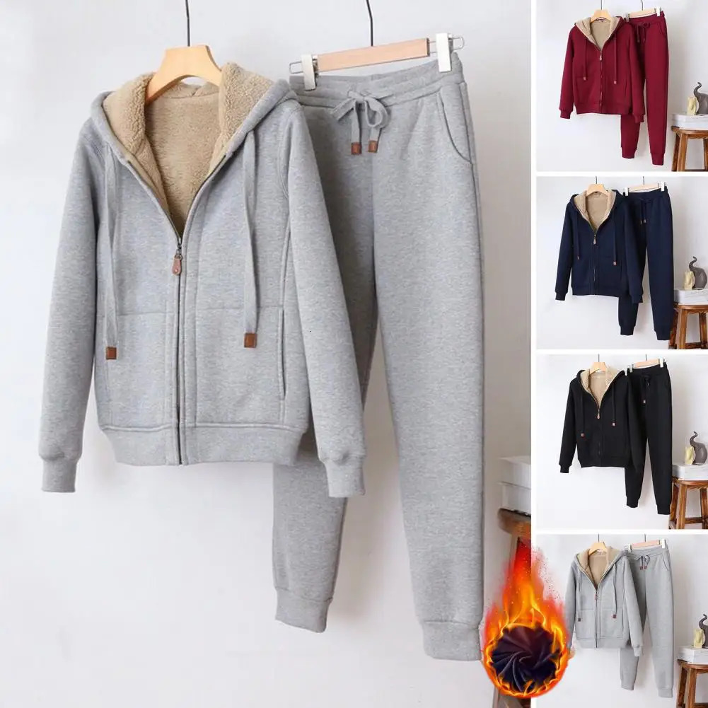 2piece Sets Winter Thicken Fleece Sweatshirts Hoodies Women Twopiece Suit Casual Sports Female Short Coat Straight Pants 241209