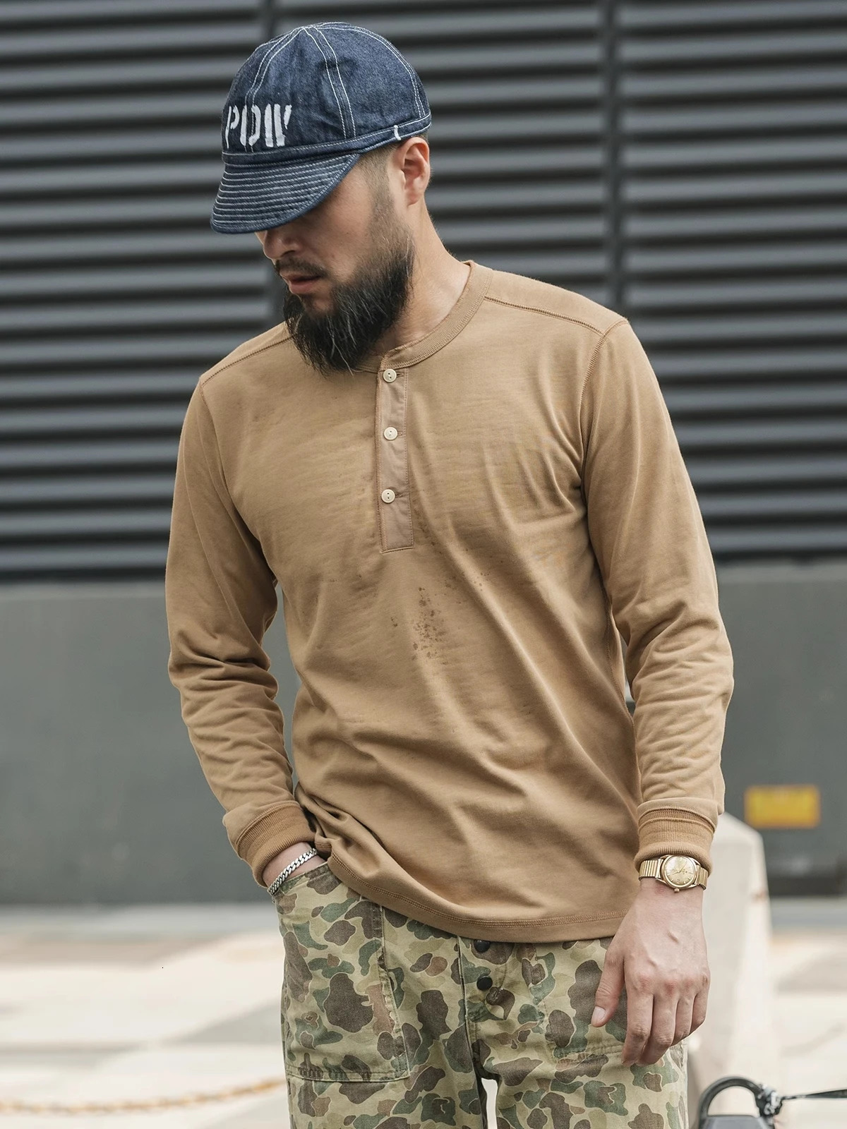 BRONSON Henley Shirt OLD TIME Mens Cotton TShirt Men Long Sleeve Tee Slim Fit Tops Casual Vintage Clothes Solid Color 241214
