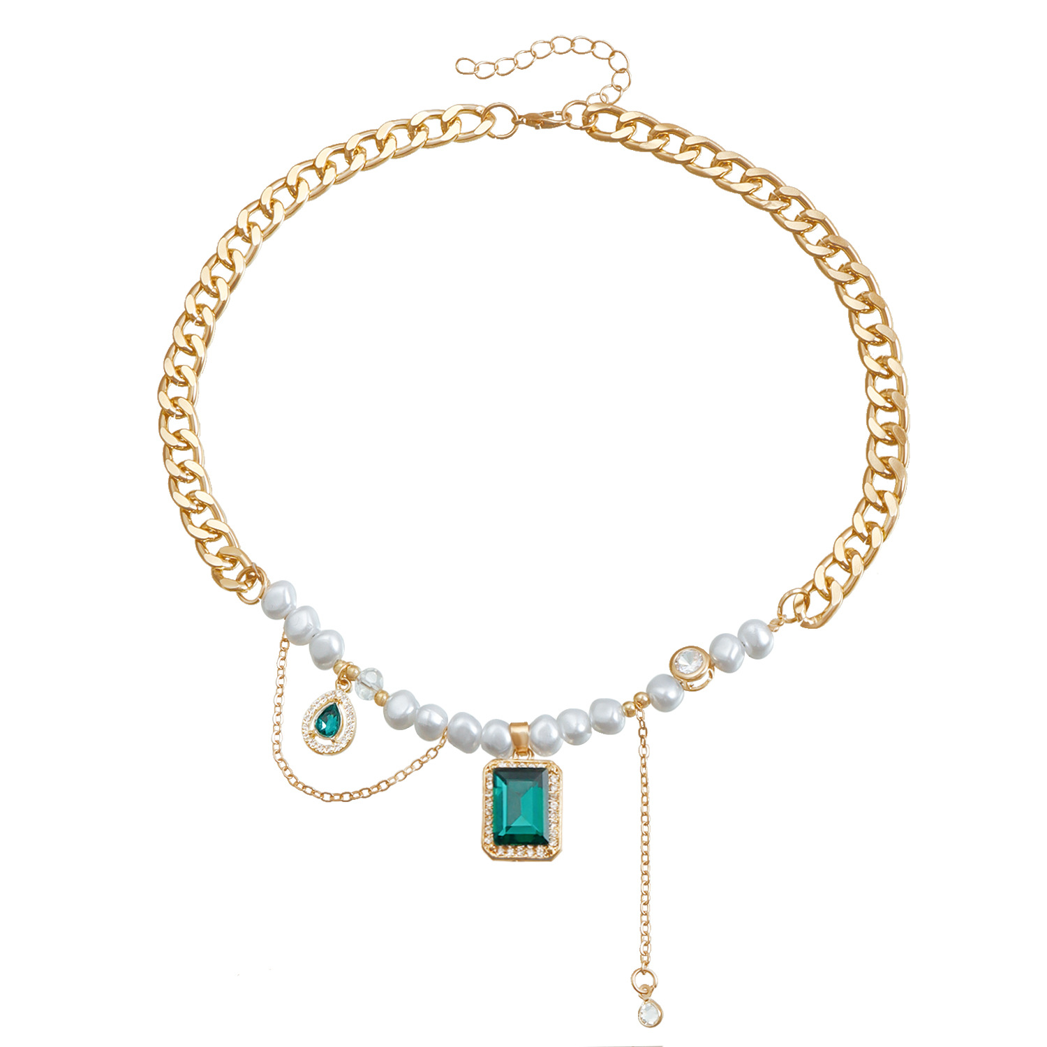 Ins Green Gemstone Pearly Chic Collar Necklace - Vintage Style Jewelry for Women Stainless Steel Gold Plated Choker Jewelry 2025 Trends Party Birthday