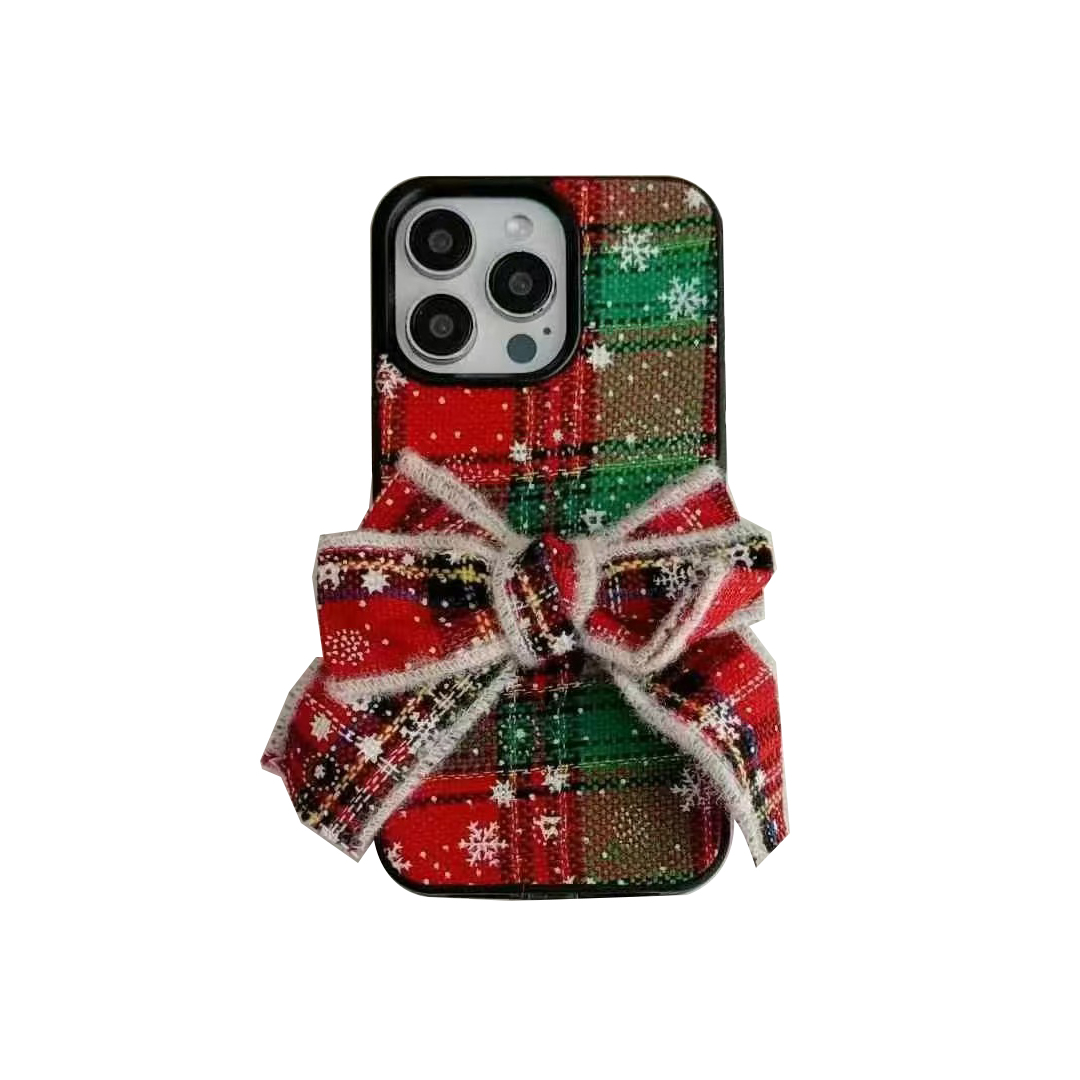 Winter Christmas Checkerboard Phone Case for Apple iPhone 16 Pro Max Case 15 Promax 14 13 Luxury Fashion Fabric Snowflakes Bow Tie Pearl Pendant Back Cover Funda Coque