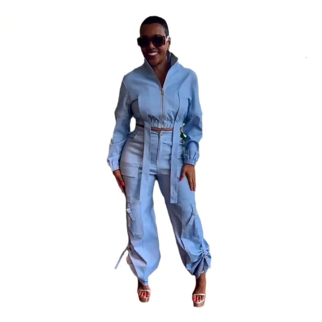 Fashion Women's Long Sleeve Zipper Fly Track And Tie Up Hem Pocket Side Cargo Pants Suit Two 2 Piece Set Outfit