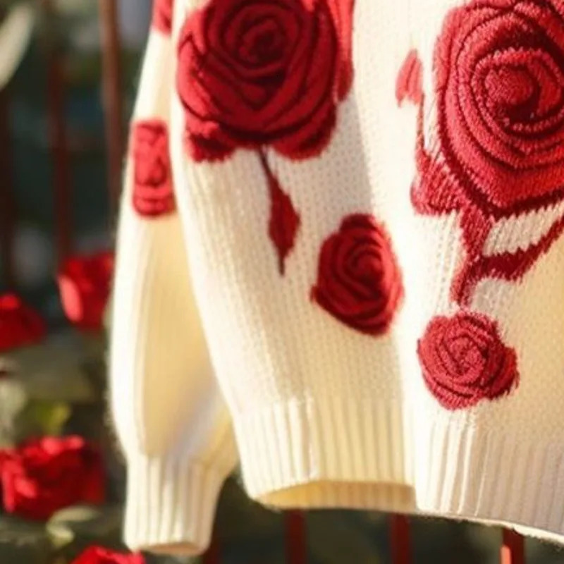 OMCHION Abrigo Mujer 2024 Knitted Winter Top Red Rose Sweater Womens Loose Zipper 241211