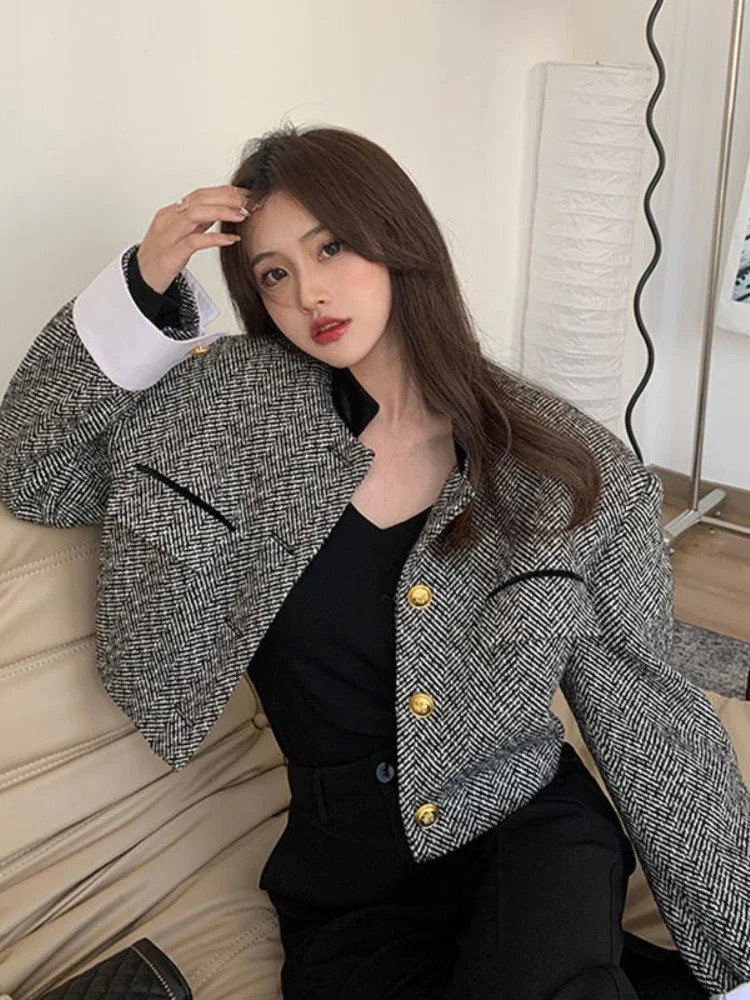 Womens Fashion Korean Chic Retro Coarse Felt Jacket Womens Spring Contrast Cut Jacket Elegant Office Womens Jacket 241214