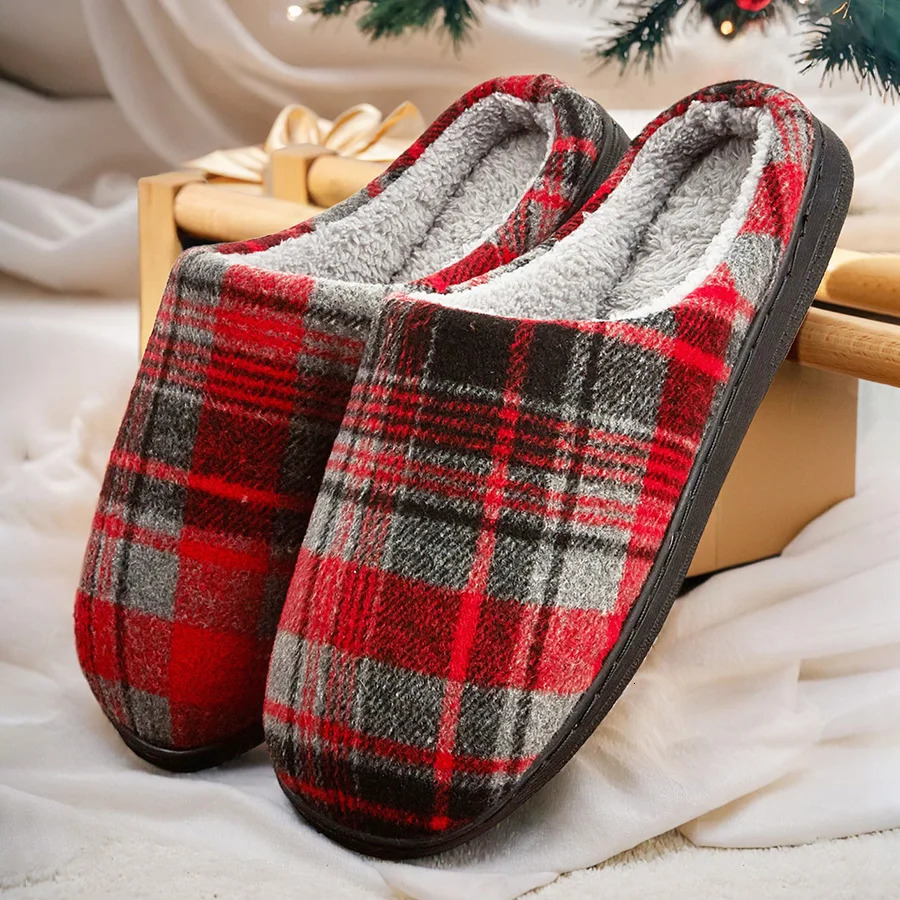 mens house slippers plaid furry comfy memory foam casual family shoes winter warm soft bedroom 241214