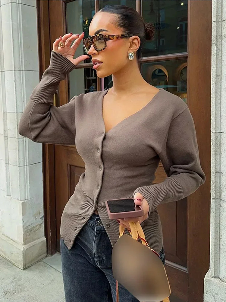 Elegant Vneck Brown Slim Knitted Cardigan Women Fashion Long Sleeve Singlebreasted Sweater 2024 Lady Fall Winter Knitwear 241214