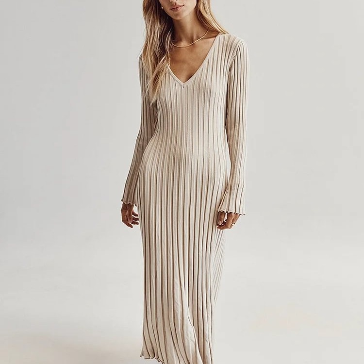 L240 Spring and summer new knitted dress casual waist V-neck ribbed slim knitted long skirt for women