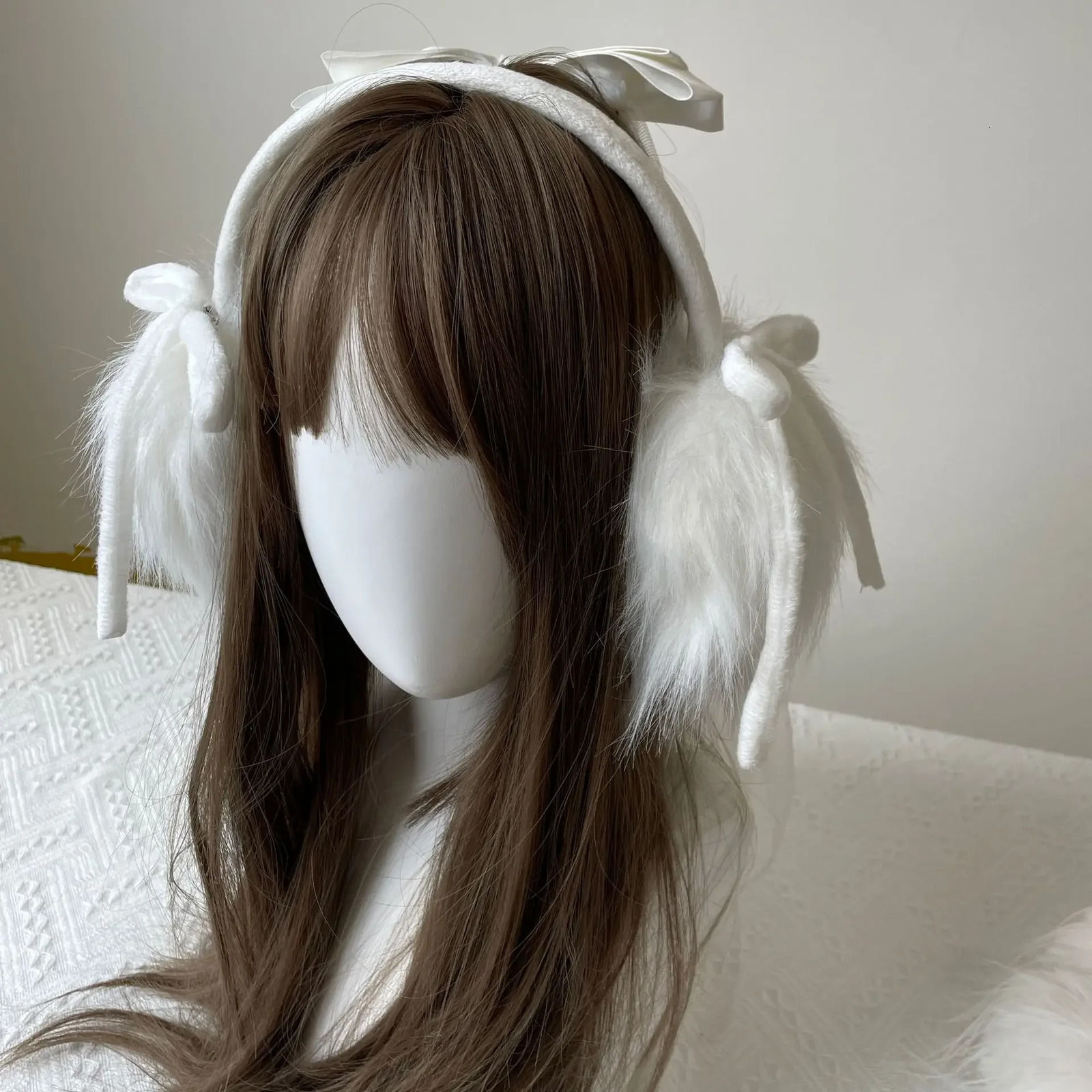 White bow ear cushions plush rabbit fur womens winter warm ear cushions riding windproof ear cushions Japanese JK accessories 241211