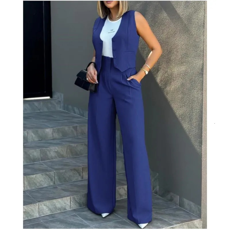 Casual Suits Womens Commute Tracksuit Button Vest Wide Leg Pants Suit Solid Tracksuit Elegant Ladies Loose Pants 2 Pieces Set 241214