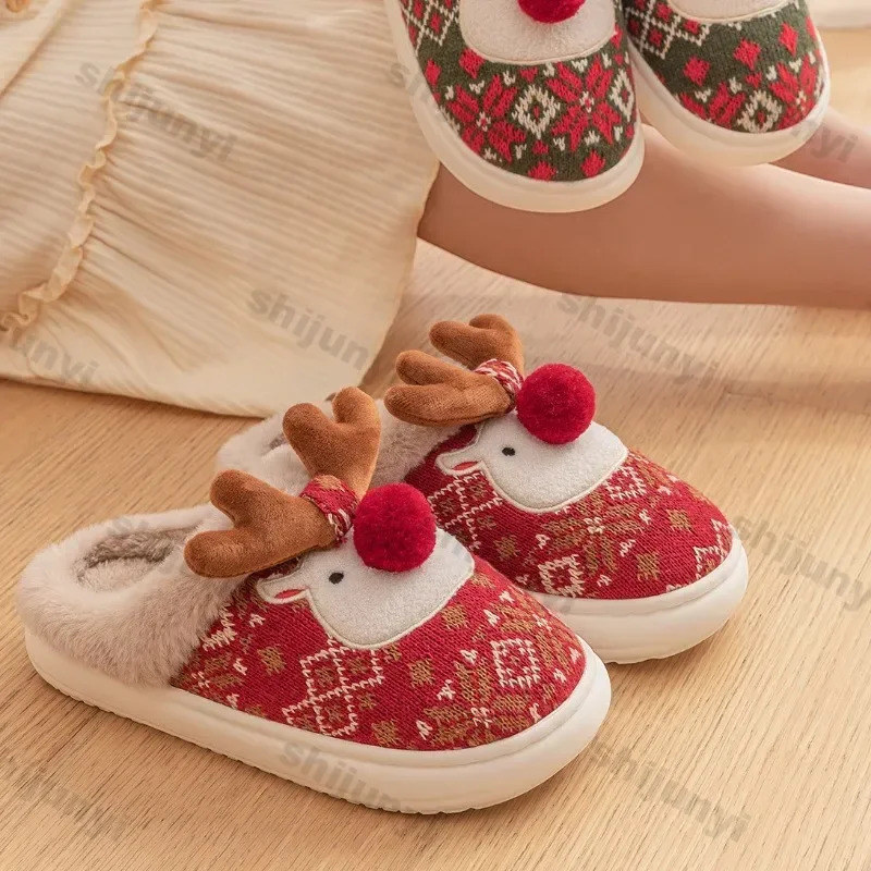 Christmas Women Slippers Winter Davids Deer Home Couple Warm Non Slip Plush Cotton Thick Soled Floor 241214