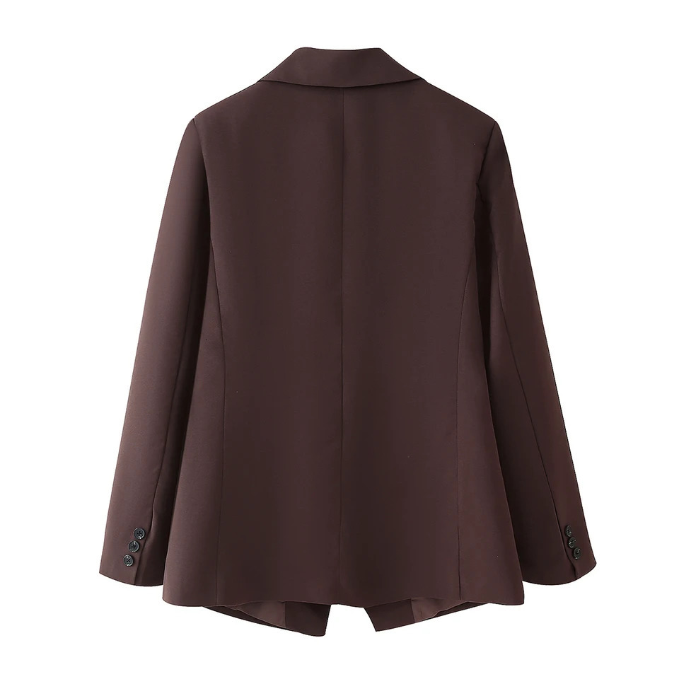 TRAFZA Office Lady Brown Slim Blazer Women V Nwck Long Sleeve Blazers Fashion Autumn Winter Street Pockets Outwears 241209