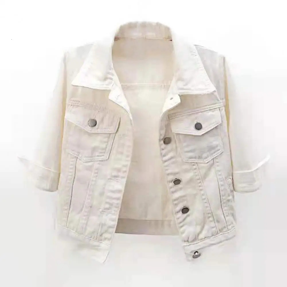Womens denim jacket candy color half sleeve button single breasted womens summer 241211
