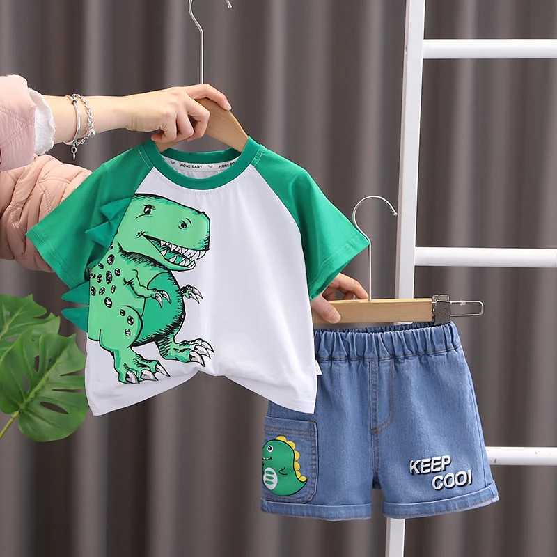 Clothing Sets Summer Children Kids Girls Boys Clothes Infant Patchwork Dinosaur T-Shirt Shorts 2pcs/Set Kids Cotton Toddler Costume 0-5 Years H241214