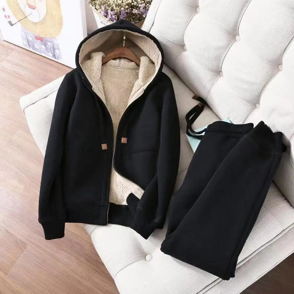 2piece Sets Winter Thicken Fleece Sweatshirts Hoodies Women Twopiece Suit Casual Sports Female Short Coat Straight Pants 241209