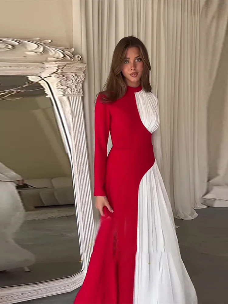 Fashion Contrasting Patchwork Mesh Maxi Dress Elegant Half High Collar Slim Waistband Long Sleeve Robe Lady Street Party Dresses 241212