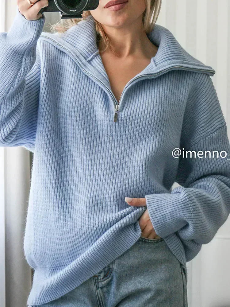 Winter womens turtle neck knitted fashionable zipper sweater oversized solid gray black casual long sleeved suitable for women 241211