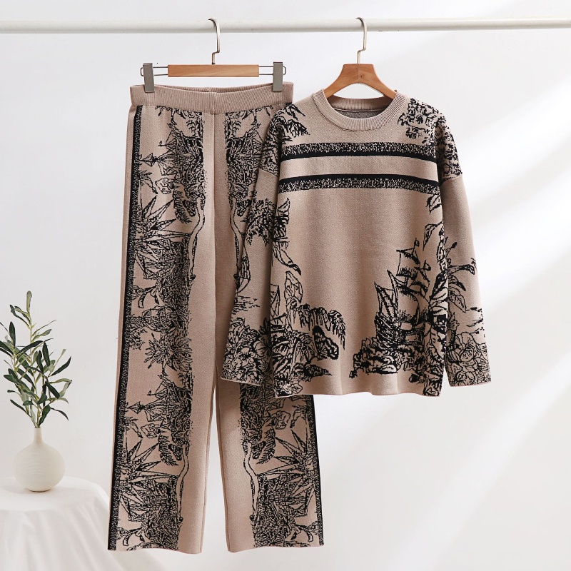Vintage Elegant Loungewear 2Pcs Pants Set Ink Ral Knit Sweater Matching Casual Knitted Two Piece Sets Women