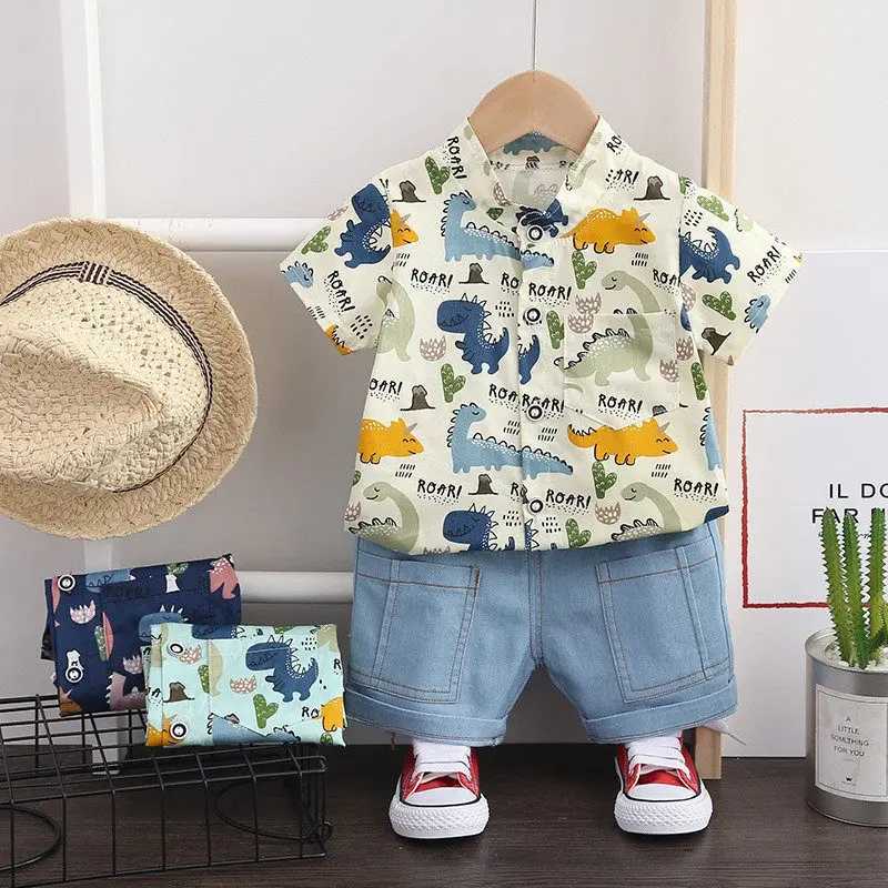 Clothing Sets Children Clothes Spring Cartoon Baby Boy Short Sleeve Printe Dinosaur Causal Shirts Jeans 2Pcs/set Kid Fashion Toddler Tracksuit H241214