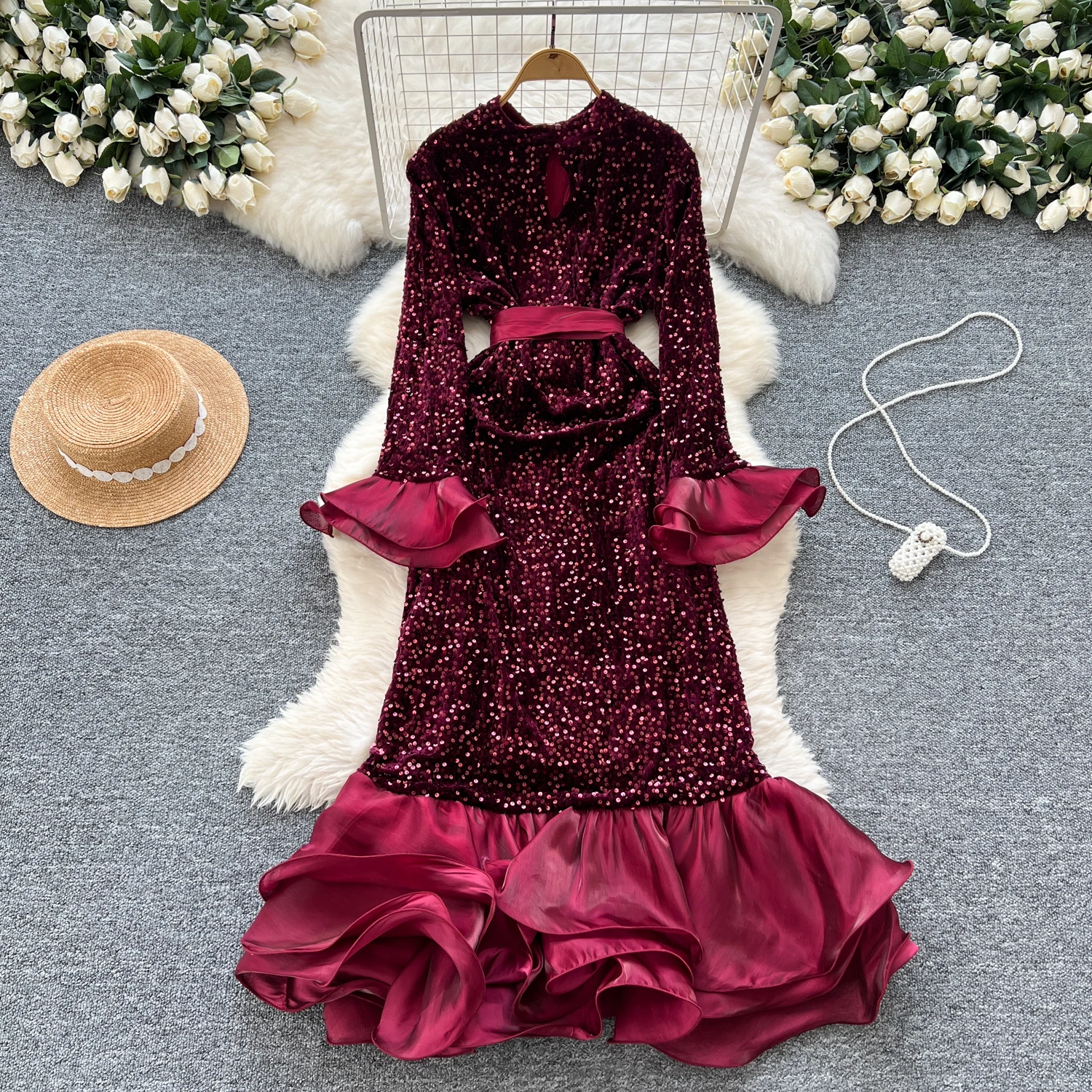 Basic Casual Dresses Bodycon Mesh Patchwork Fishtail Dress Women Long Flare Sleeve Dresses Sequins O Neck Luxury Evening Party Vestidos Dropshipping