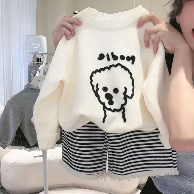 Clothing Sets Autumn Children Girl 2PCS Clothes Set Cotton Knitted Cartoon Dog Sweater Striped Raw Edge Wide Leg Pant Suit Toddler Girl Outfit H241214