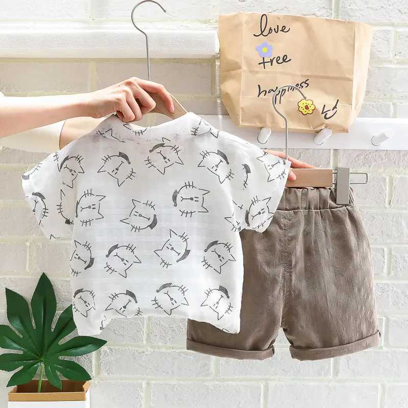 Clothing Sets Baby Boys Causal Clothes Cotton Children Summer Printed Cat Shirt Shorts Pants 2Pcs/set Infant Kids Fashion Toddler Tracksuits H241214