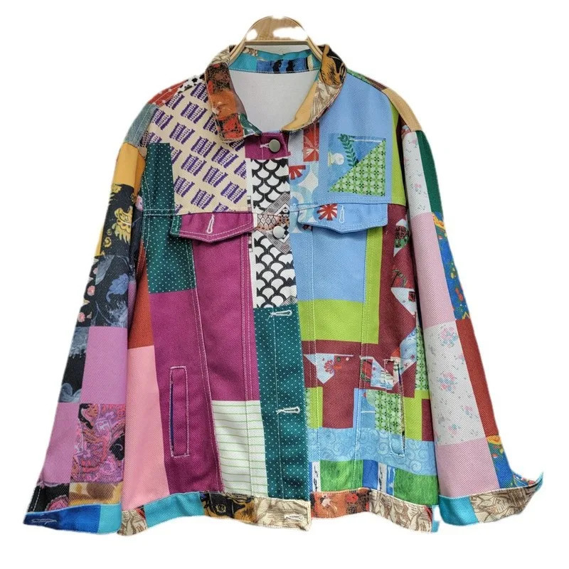 YEAE will a Korean version of loose casual contrasting printed single mouth long sleeved denim jacket 241211
