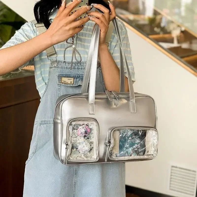 Xiuya Silvery Womens Handbag Lolita Fashion Edition Large Capacity Itabag 2024 Casual Pu Leather Underwear Shoulder Bag 241212