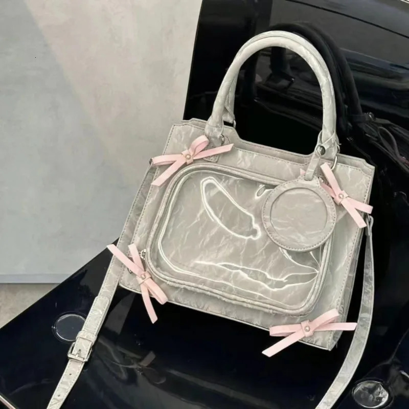 Bows Transparent Pocket Pain Bags High Capacity Japanese Lolita Girls Handbags Harajuku JK Uniform Crossbody Bag PU Y2k Ita Bag 241212