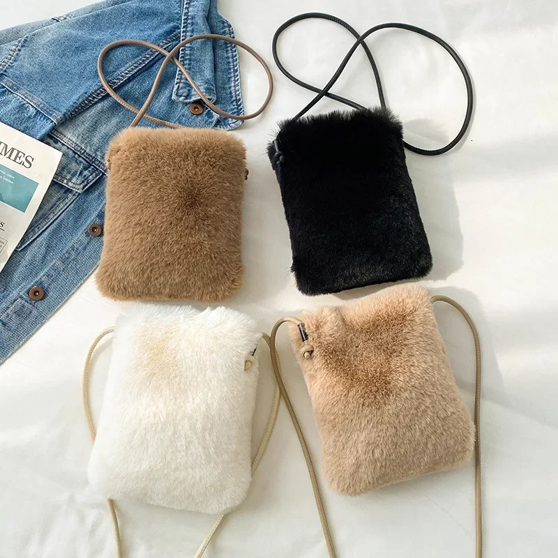 Autumn and Winter Womens Bag Niche Simple and Cute Plush Bag One Shoulder Cross Body Rabbit Hair Makeup Phone Bag 241213