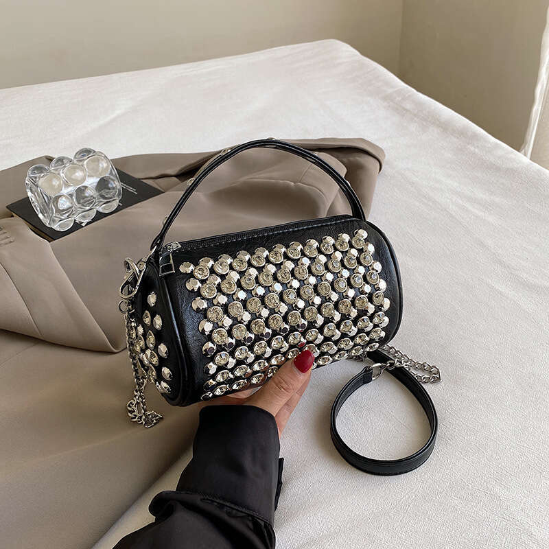 High end fashion versatile rivet small square for women 2024 new personalized and trendy handbag, single shoulder crossbody cylindrical bag