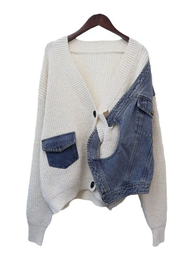 DEAT Spliced Denim Knitted Cardigan For Women Loose Casual Versatile Sweater Jacket Female Trend 2024 Autumn Items 33A2097 241214