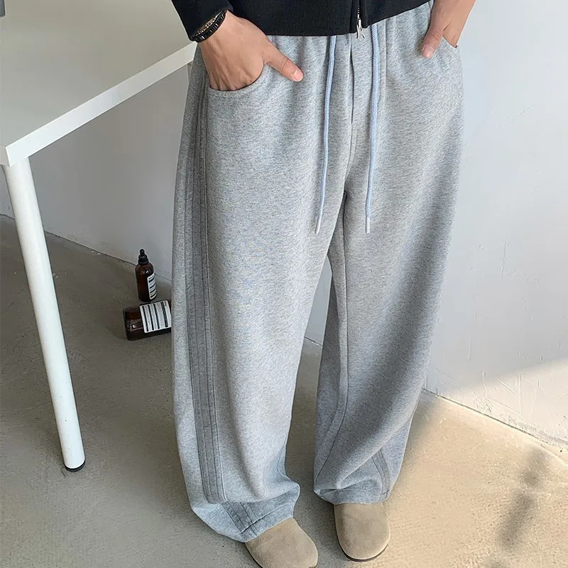 Winter Mens Tiedye Fleece Casual Pants Side Striped Wide Leg Straight Sweatpants Neutral Highquality Long Baggy Trousers 241214