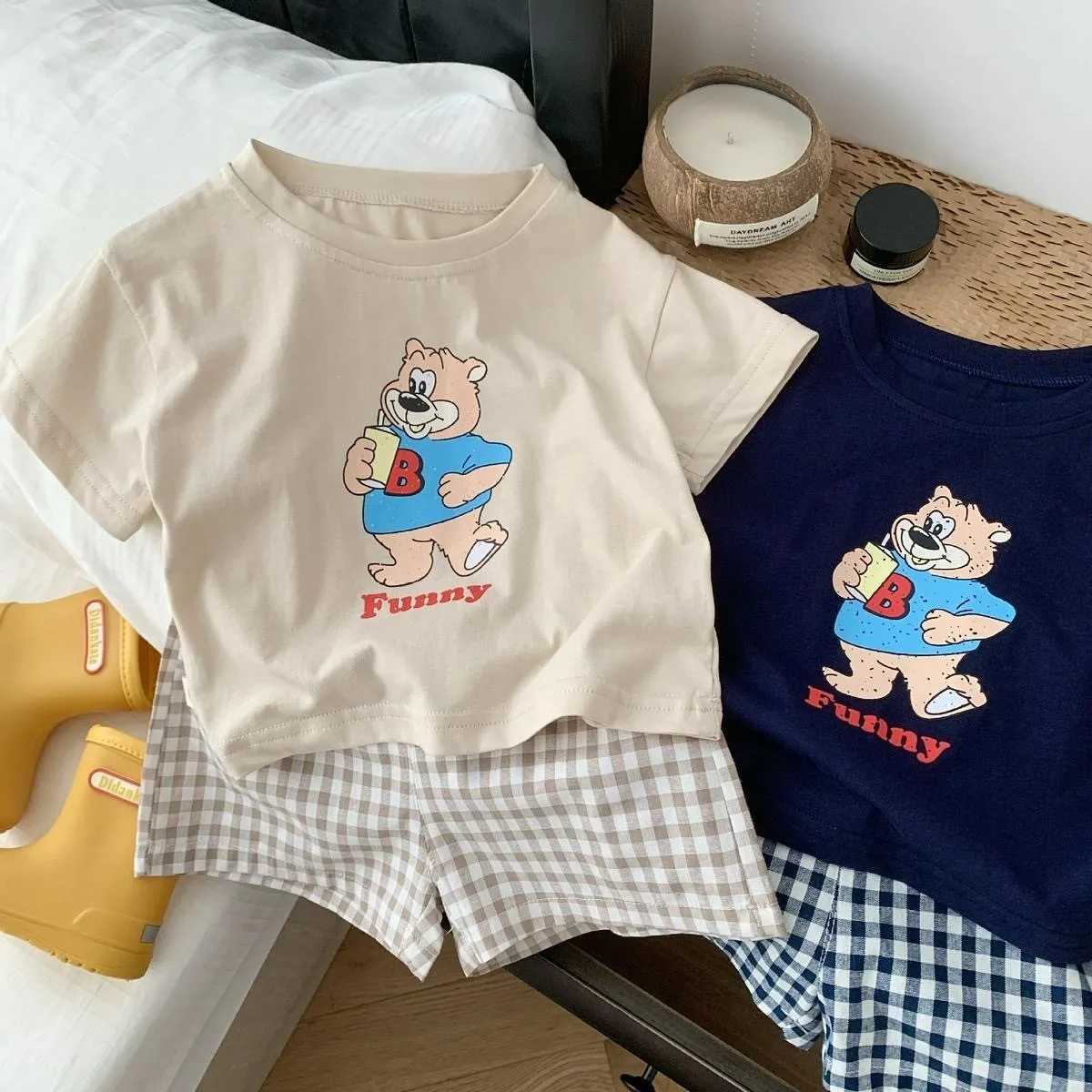 Clothing Sets Short Sleeve Tshirt+Plaid Shorts 2 Piece/Set Kids Cartoon Print Short Sleeve Tracksuits For Boys And Girls Cute Summer Clothing H241214