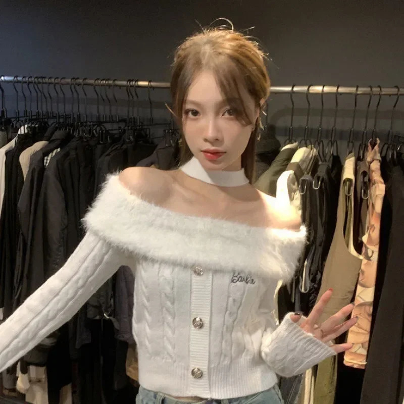 Autumn and Winter Y2k Fashionable Fluffy Sweater Neck Shoulders Elegant Straps Top Retro Casual Fashion Floral Womens 241211