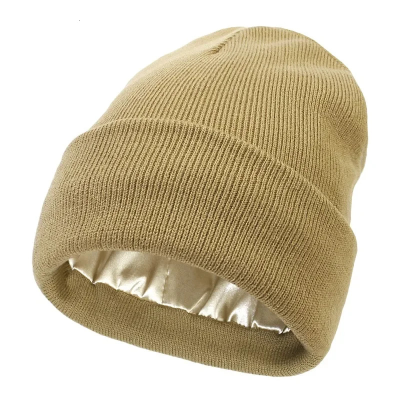 womens knitted hat fluffy winter silk satin knitted hat womens thick hat warm bean hat 241211