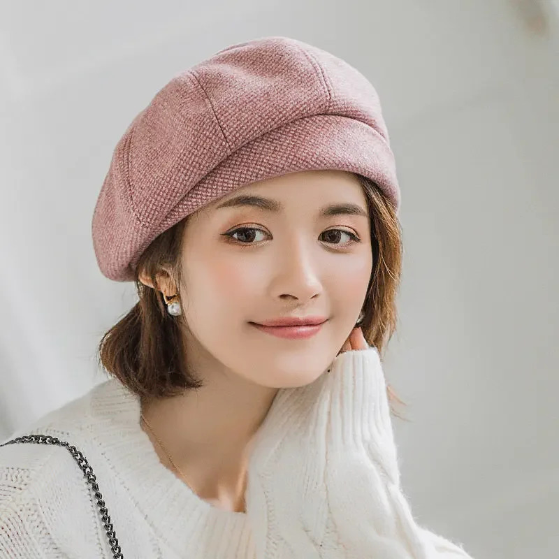 Korean style womens wool beret elegant winter cotton hat checkered retro octagonal casual autumn 241210