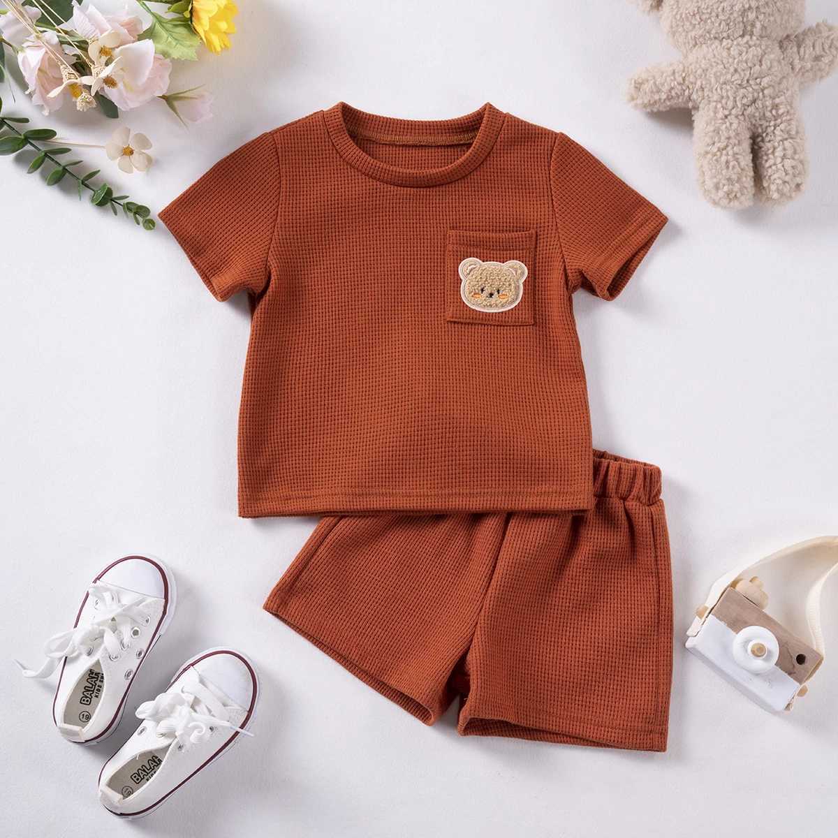 Clothing Sets Baby Boy Summer Short Sleeve Suit Waffle Short Sleeve Shorts Two Piece Bear ket Casual Set 0-4Y Boy Clothes H241214
