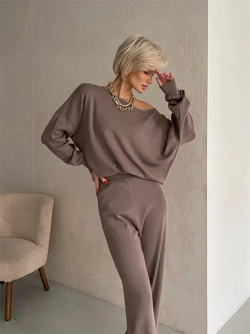 Elegant Loungewear Knitted 2 Piece Set Knit Pants and Sweater Matching Set Women Casual Winter Knitted Two Piece Sets Women 241214