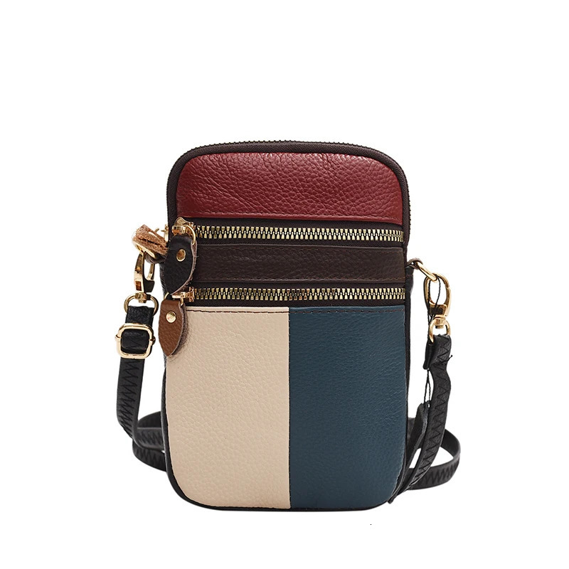 100% genuine leather womens shoulder bag with multiple zippers soft denim small phone bag color splicing color random 241213